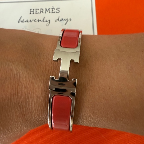 Hermes Clic H Clac Rouge Corail Coral Enamel Palladium Plated Bracelet PM New - Picture 10 of 13